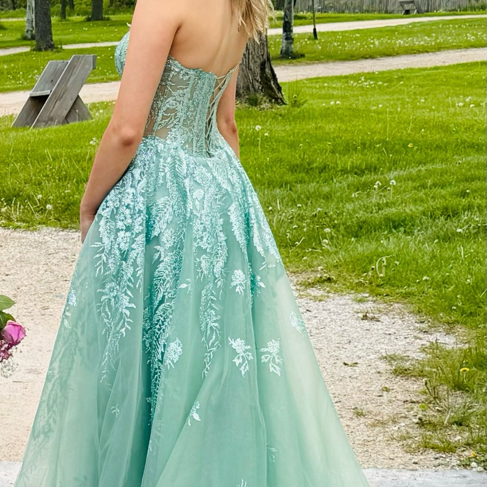 Elegant Mint Green Gown with Floral Embroidery